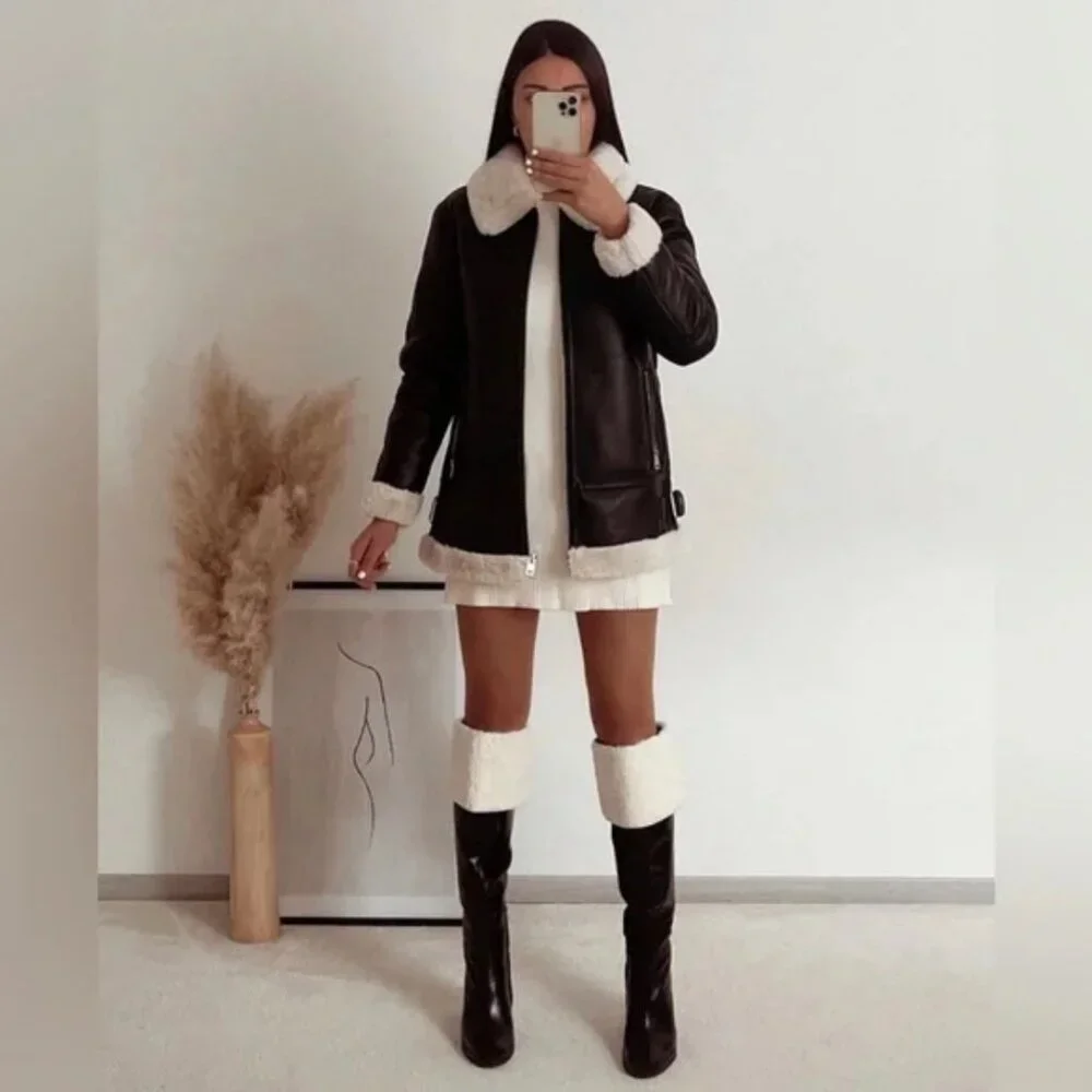 Zara Over The Knee Leather Boots with Faux Shearling Lining